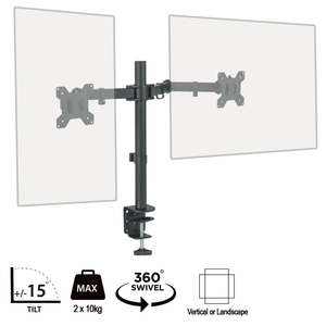 PixL piXL Double Monitor Arm, For Upto 2x 27 inch Monitors, Desk Mounted, VESA dimensions of 75x75mm or 100x100mm, 180 Degrees Swivel, 15 Degrees Tilt, Weight Upto 10kg per screen, Built in Cable Managemen