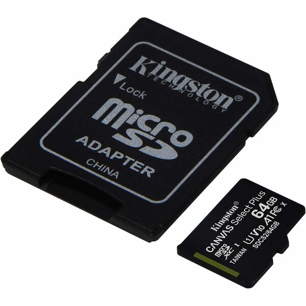 Kingston 64GB Canvas Select Plus Micro SD Card with SD Adapter, UHS-I Class 10 with A1 App Performance