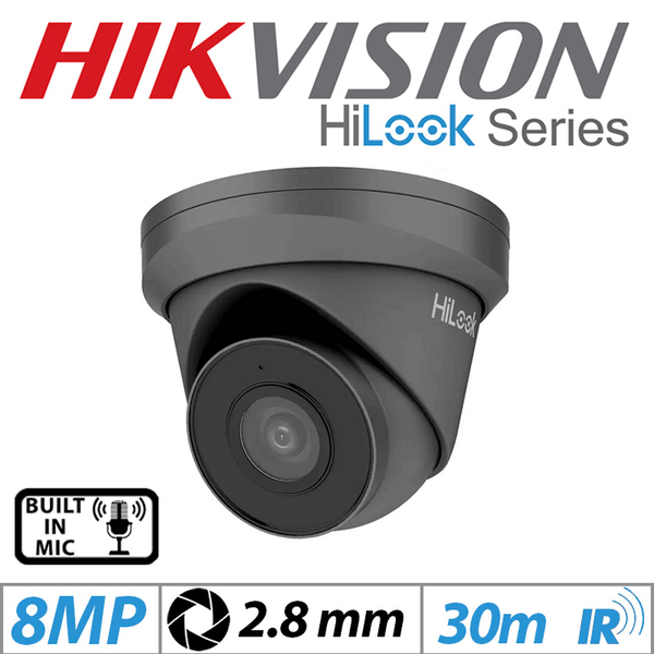 HiLook By Hikvision 8MP HIKVISION HILOOK IP METAL TURRET CAMERA WITH BUILT IN MIC 2.8MM IPC-T280H-MUF GREY