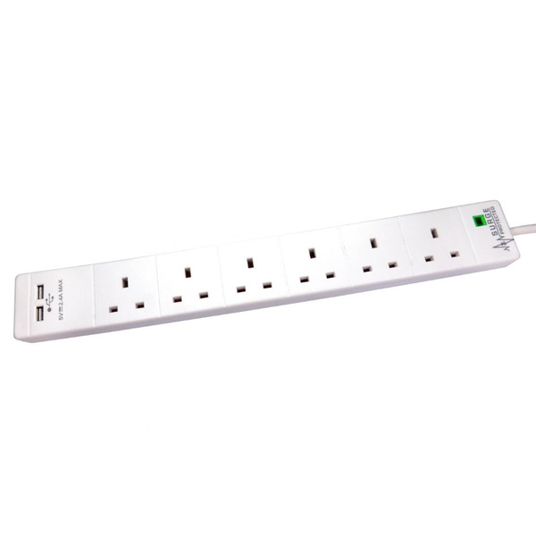 Newlink 2m 6 Gang Surge Protected UK Power Extension with USB