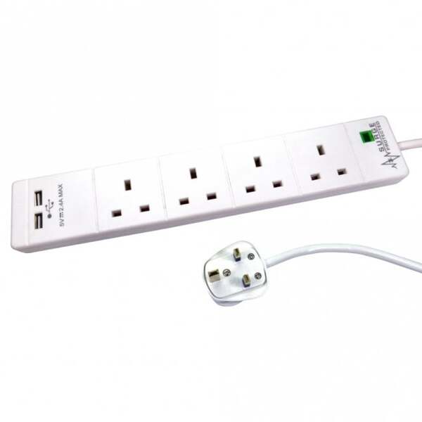 Newlink 2M 4 Gang Surge Protected Uk Power Extension With USB