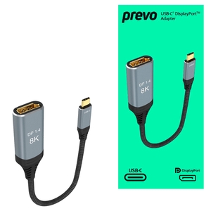Prevo Prevo  Display Converter Adapter, USB Type-C (M) to DisplayPort (F), 0.2m, Black & Silver, DisplayPort 1.4, Supports up to 8K@30Hz, Braided Cable, Retail Box Packaging