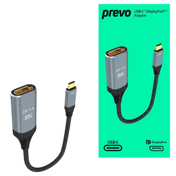 Prevo  Display Converter Adapter, USB Type-C (M) to DisplayPort (F), 0.2m, Black & Silver, DisplayPort 1.4, Supports up to 8K@30Hz, Braided Cable, Retail Box Packaging