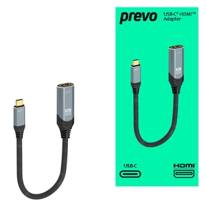 Prevo Prevo USBC-HDMI-ADA Display Converter Adapter, USB Type-C (M) to HDMI (F), 0.2m, Black & Silver, HDMI 2.0, Supports up to 4K@60Hz, Braided Cable, Retail Box Packaging