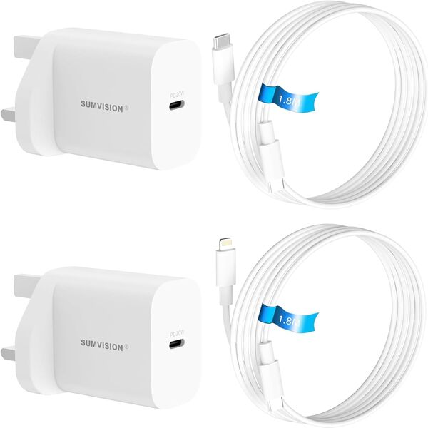 Sumvision Multipack USB C Plug Portable Charger 20W Twinpack 1X USB C to Lightning 1x USB Type C Cable Included