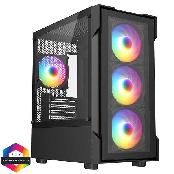 CIT Tsunami Black Micro-ATX Gaming Case With 4 x 120mm ARGB Inner-Ring Fans and Tempered Glass Panels With 30 Percent Tint