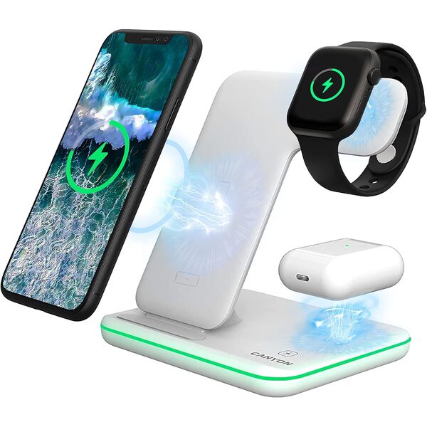 Canyon 3 in 1 Wireless Charging Station Apple Phone Watch and Airpods Charger Compatible with Apple Watch Airpods iPhone Wireless Charger for Qi Devices Adapter 18W Touch Control Backlight White