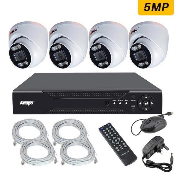 Anspo 4x Dome Camera POE CCTV KIT 4CH NVR 5MP 8MP FULL HD IP NETWORK RECORDER UK