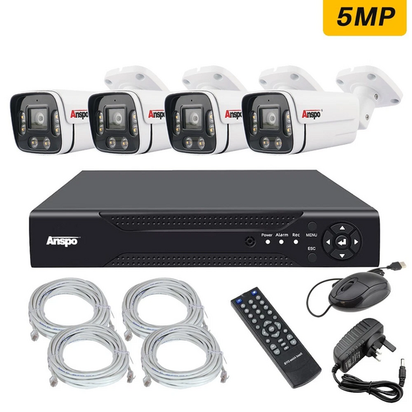 Anspo 4x BULLET CAMERA POE CCTV KIT 4CH NVR 5MP 8MP FULL HD IP NETWORK RECORDER UK