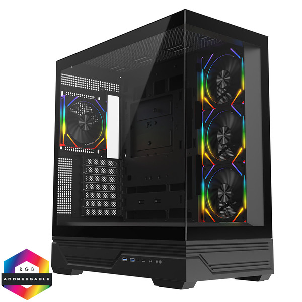 CIT Destiny Black ATX Gaming Case With Two-Sided Tempered Glass and 4 x 120mm Infinity PWM ARGB Fans With 6-Port Hub Included