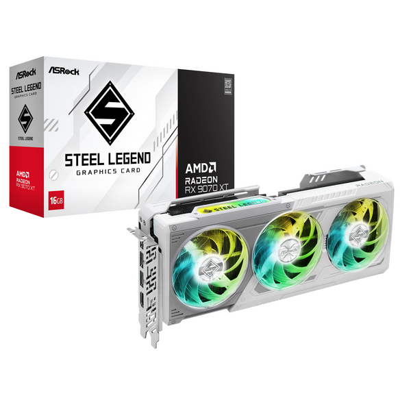 ASROCK RX9070 XT Steel Legend 16GB, PCIe5, 16GB DDR6, HDMI, 3 DP, 2970MHz Clock, RGB Lighting, White