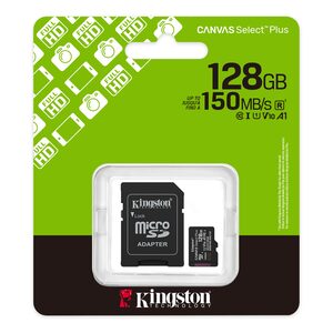 Kingston Kingston 128GB Canvas Select Plus Gen3 MicroSDXC Card with SD Adapter, UHS-I Class 10, U1, V10, A1 App Performance, 150MB/s