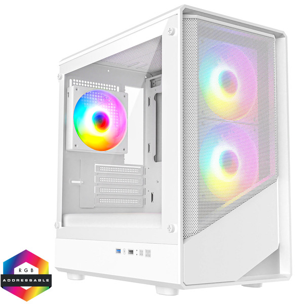 CIT Level 5 White Micro-ATX Mesh PC Gaming Case with 3 x 120mm PWM ARGB Fans Included With Tempered Glass Side Panel