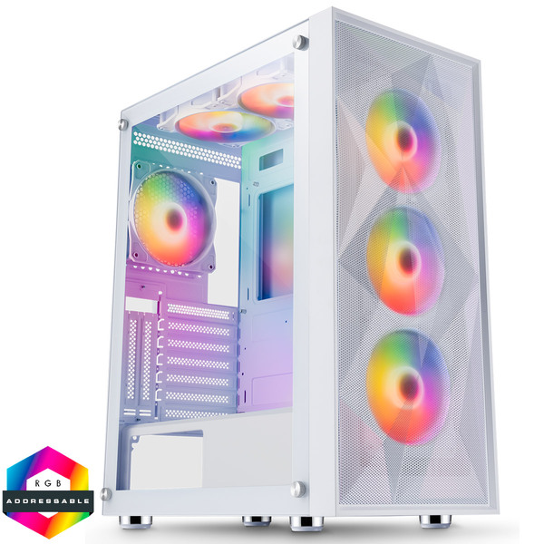 CIT Phantom XL White E-ATX Gaming Case - Mesh Front - Tempered Glass Side  - 6 x Ring ARGB Fans - 6-Port Hub