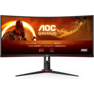 Aoc AOC Gaming 34 Inch WQHD Curved Monitor, VA, 180Hz, 1ms GtG, HDR400, Height Adjust, Game Mode, Speakers (3440 x 1440, 400 cd/m HDMI 2.0 / DP 1.4)