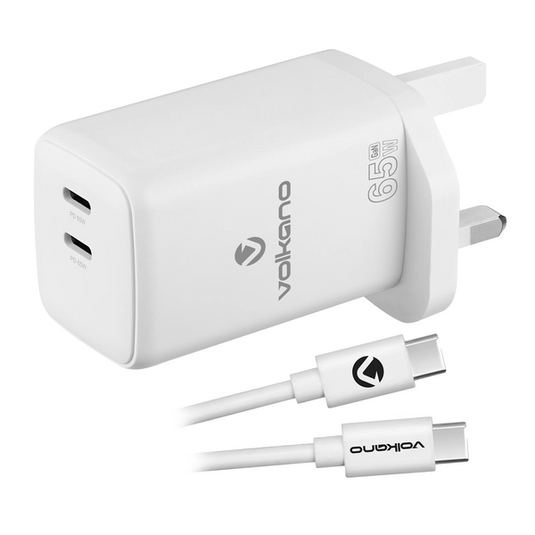 Volkano 65W GaN PD & Dual USB Type C Wall Charger With Cable - White