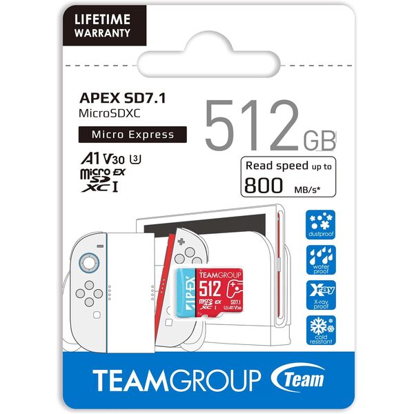 Team Group TEAMGROUP APEX Card 512GB for Nintendo Swith2 Micro SDXC Express UHS-I U3 A1 V30, R/W up to 800/700 MB/s with Adapter