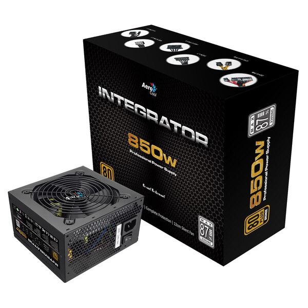 Aerocool Integrator 850W PSU 12cm Black Fan Active PFC TW Caps UK Cable - RetaIl Boxed