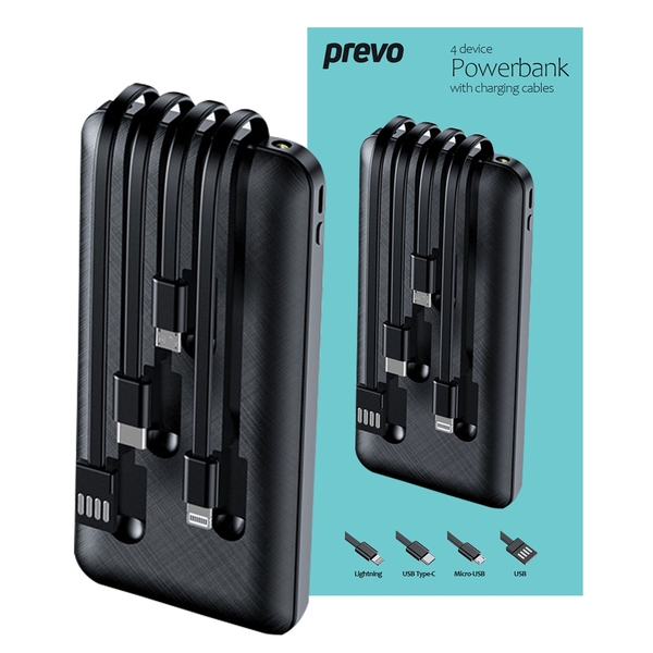 Prevo  10000mAh 4-Device Powerbank with Charging Cables Black