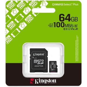 Kingston Kingston 64GB Canvas Select Plus Gen3 MicroSDXC Card with SD Adapter, UHS-I Class 10, U1, V10, A1 App Performance, 100MB/s