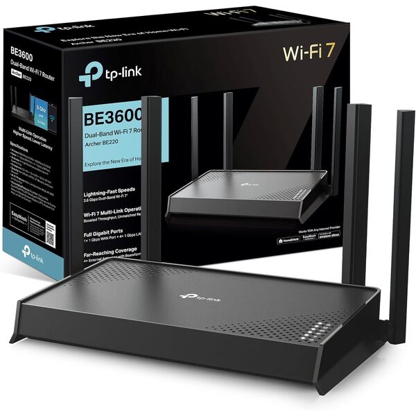 TP-LINK Archer BE220 Dual-Band WiFi 7 Router,BE3600 EasyMesh WiFi Router with 4 Antennas