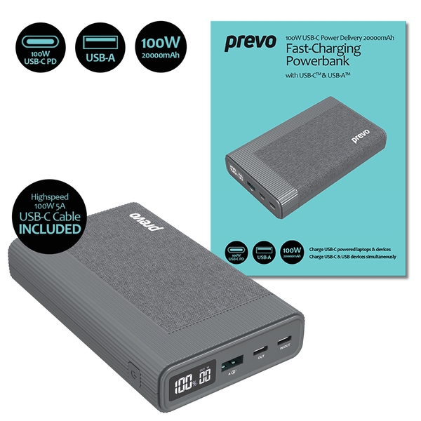 Prevo AD10C 100W USB-C Power Delivery PD 20000mAh Portable Fast-Charging Powerbank with Digital Display, Dual USB-C & USB-A with 100W USB-C Cable Included for Laptops, Ultrabooks, Chromebooks, Smartph