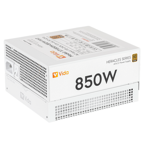 VIDA 850W Heracles White ATX 3.1 Gaming PSU, 80+ Bronze, 140mm Ultra-Quiet FDM Fan, Flat White Cables, PCIe 5.1, Power Lead Not Included, 850 W, 115 - 240 V, 50/60 Hz, 10-8 A, Active, 14 A