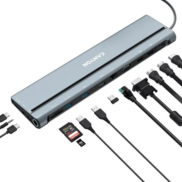 Canyon  14in1 USB-C Space Grey, 2x HDMI,1x DP, 1x RJ45, 1x VGA, USB C, USB A, AUDIO