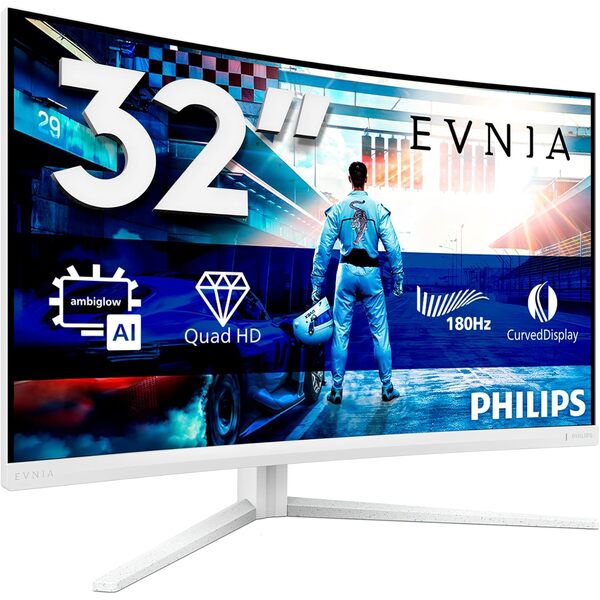 Philips Evnia 32 inch QHD Curved Gaming Monitor, 180 Hz, 2560x1440, 2x HDMI 2.0, 1x DP 1.4, White