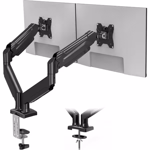 BONTEC Dual Monitor Stand, Adjustable Gas Spring Arms Monitor Desk Mount for 13-32 Inch Screens, VESA 75 & 100mm, 9KG Max Load, C Clamp, Grommet Base, Tilt, Swivel, 360° Rotation, Ergonomic Design