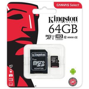 Kingston Kingston 64GB Canvas Select Class 10 speeds Up to 80 MB/s Read  (Micro SD with SD Adapter Included)