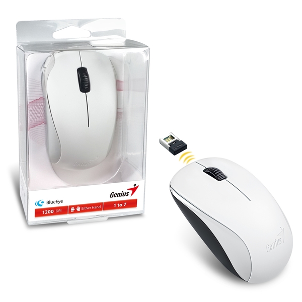 Genius White Wireless Mouse, 2.4 GHz with USB Pico Receiver, Adjustable DPI levels up to 1200 DPI, 3 Button with Scroll Wheel, Ambidextrous Design, White